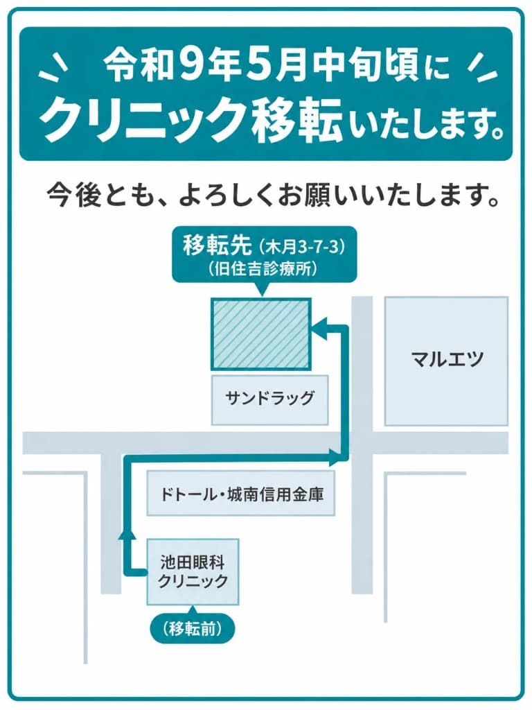 令和9年5月中旬頃、クリニック移転のお知らせ。移転先は木月3-7-3(旧住吉診療所)の簡易地図付き。