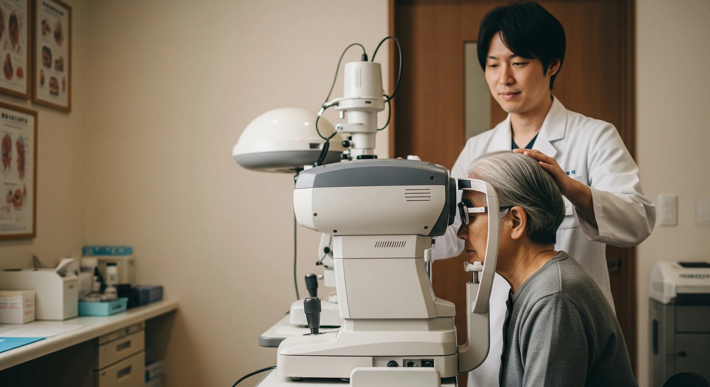 視野検査を受ける患者と付き添う医師
