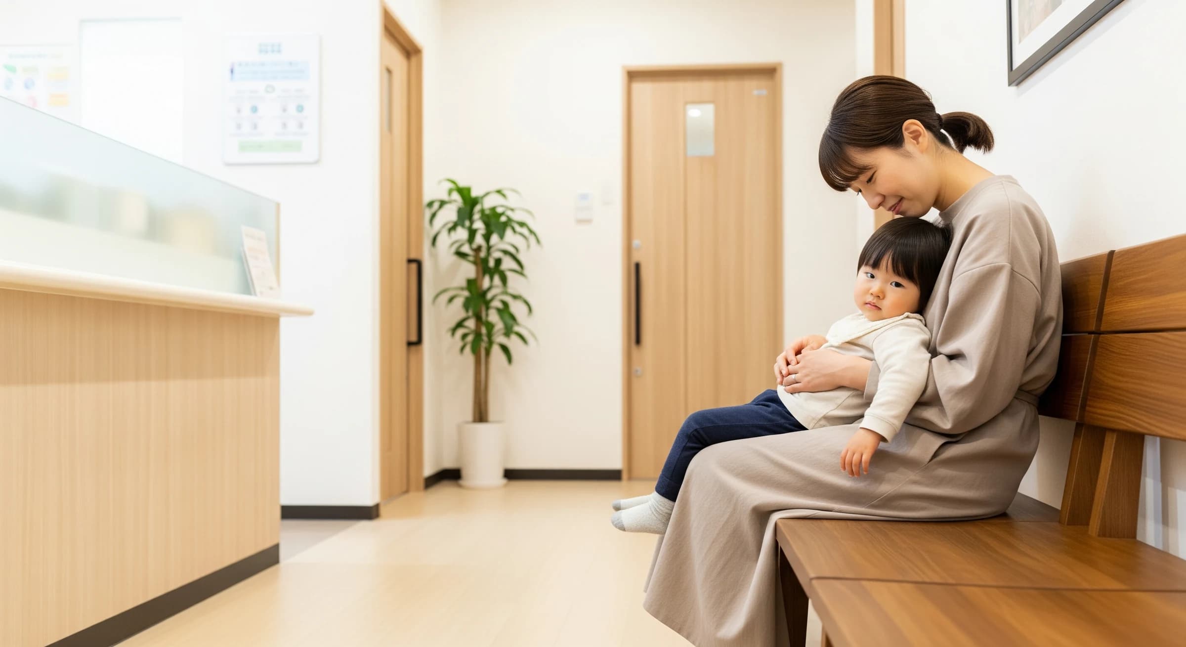 待合室で過ごす親子